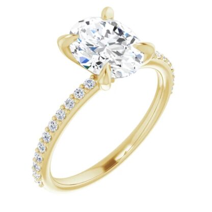 Anillo de compromiso de Moissanita Ovalada Forever One de 9x7 mm y Diamante de 1/5 CTW en Oro Amarillo de 14K